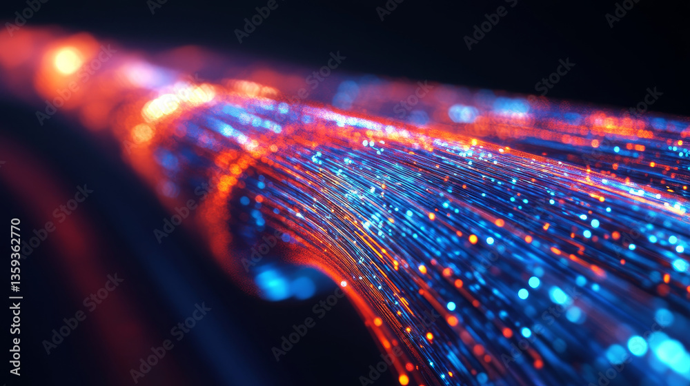 Poster neon rays virtual flight. 3d illustration of computer code flowing inside cable. high-speed data tra