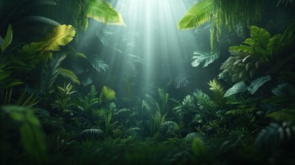 Fototapeta premium Lush jungle scene, sunlight filtering through canopy
