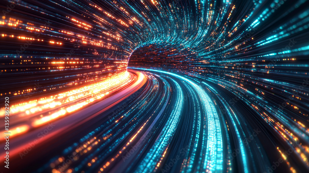 Poster neon rays virtual flight. 3d illustration of computer code flowing inside cable. high-speed data tra