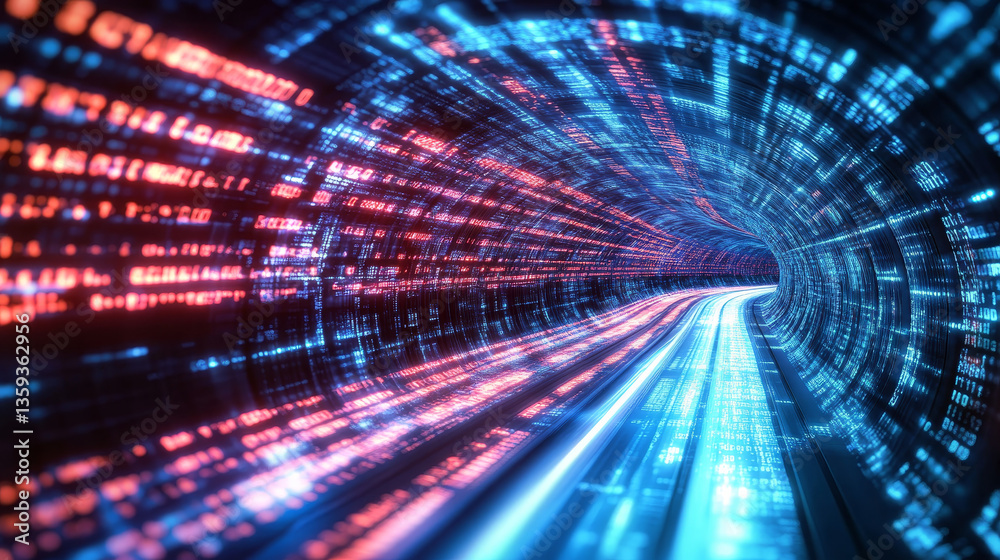 Poster neon rays virtual flight. 3d illustration of computer code flowing inside cable. high-speed data tra