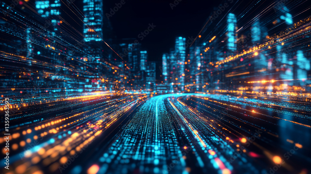 Poster high-speed data transfer. big data visualization, internet technology 3d illustration. neural networ