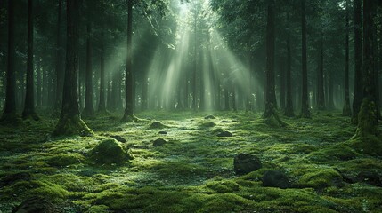 Obraz premium Beautiful rays of sunlight piercing through a lush green forest