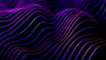 3D ultraviolet sound waves flowing in virtual space. Digital technology concept: artificial intelligence (AI) or big data analysis visualization. Sound waves equalizer, looped video, black background