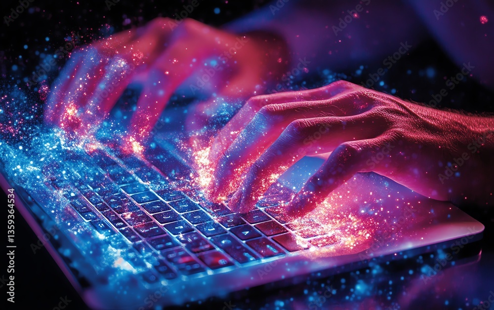 Poster laptop with hands typing on the keyboard, featuring data and network graphics, symbolizing the inter
