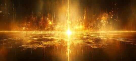 Glowing Cityscape At Night In Gold Abstract Background With Glowing Lines And Shimmering Particles.