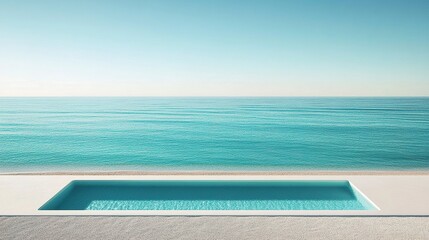 Fototapeta premium Minimalist beachfront home, seamless design, infinity pool merging with turquoise waters, sandy beach below 