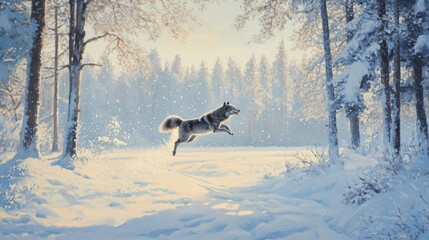 Obraz premium A wolf leaps through a snowy forest, capturing the essence of winter's beauty and wildlife.