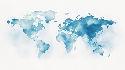 Watercolor World Map in Blue Tones: Artistic Geographical Art with a Global and Travel Decor Theme