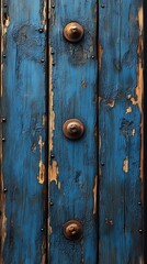 Weathered Blue Wooden Door with Bronze Doorknobs and Peeling Paint