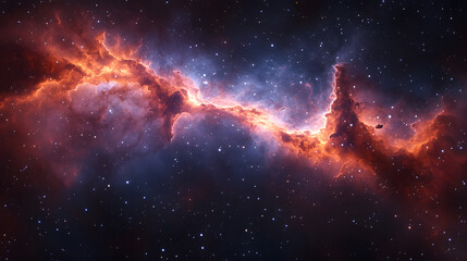 Fototapeta premium Celestial Nebula: A vibrant nebula stretches across the cosmic expanse, its fiery hues and ethereal beauty captivating the viewer, showcasing the raw, untamed grandeur of the universe. 