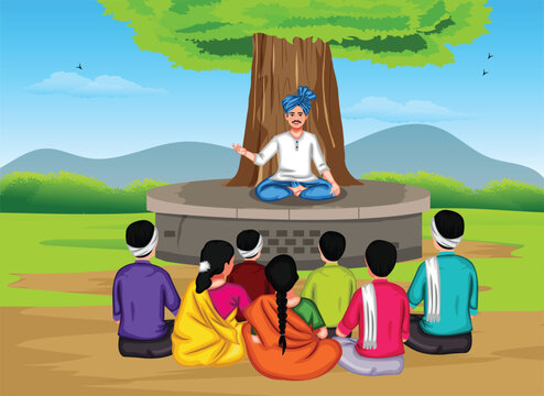 Indian Village Panchayat. Indian Rural Village People Gathering For Discussion Vector Illustration