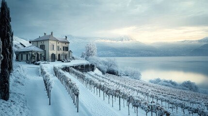 A serene winter landscape featuring a house, vineyards, and a tranquil lake.