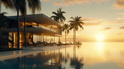 Obraz premium Modern beach house on Marco Island, Gulf of Mexico, sleek architecture surrounded by palms, expansive ocean view, golden sunlight reflecting on water, coastal charm. 