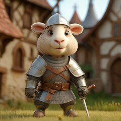 Fototapeta premium A friendly, cartoonish sheep stands confidently in front of a charming, half-timbered house, holding a sword in its right hand while wearing full armor and a tunic.