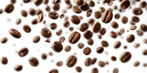 Obraz premium Falling Coffee Beans on White Background Creates Inviting Aroma and Warmth
