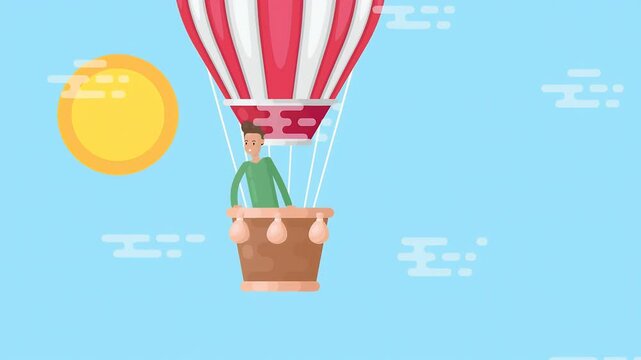 2D illustration Animated Scene of Man Waving From An Air Balloon Parachute Flying Above Looking Down.