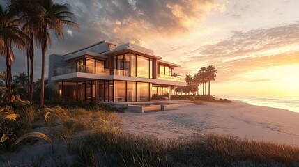 Obraz premium Modern beachfront estate in Ponte Vedra, Jacksonville, large windows reflecting golden hour skies, tropical palms and sandy shore framing the home, drone view, serene luxury. 