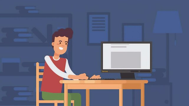 2D illustration Animated Scene of Cartoon Man Web Surfing Researching On Search Engine Sitting On Table.