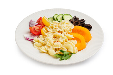 Plate with delicious Italian pasta salad on white background