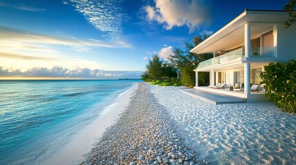 Fototapeta premium Modern beachfront villa with clean white architecture, beach pebbles incorporated into the landscape design, turquoise water stretching to the horizon, and soft golden hour light 