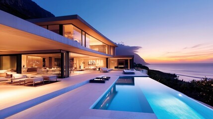 Fototapeta premium Modern beachside villa, large glass windows, sea-facing infinity pool, minimalistic decor, warm tones, wide-angle shot, sunset glow. 