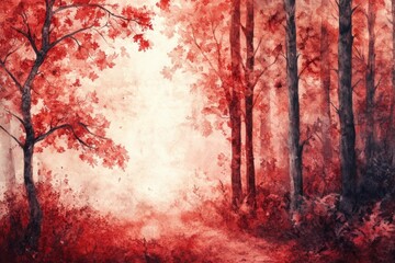 Serene autumn forest landscape with vivid red foliage, trees, and soft light creating a calming and tranquil atmosphere in a seasonal setting