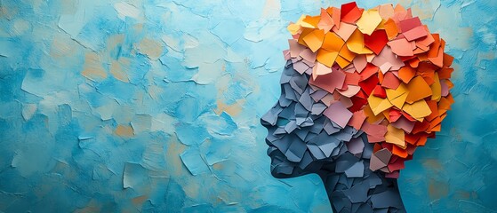 Concept of mental health with a head silhouette filled with torn paper, representing emotional conflict, mental strain, and the need for emotional release and healing