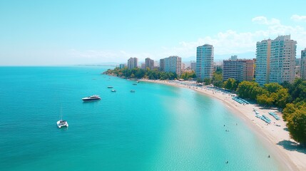 Fototapeta premium Modern city beach, luxury high-rises, clear waters lapping at the shore, boats anchored near the horizon, drone shot, sunny blue skies. 