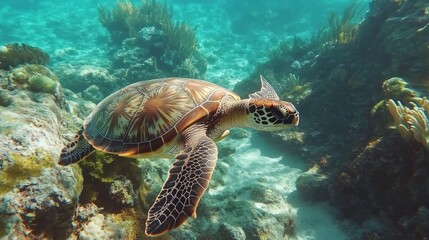 Obraz premium Majestic Sea Turtle in Coral Reef