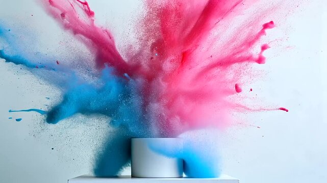 Ultra-realistic paint explosion captured in mid-motion, vibrant splashes of pink, cyan, and magenta bursting outward against a clean white canvas &ndash; 8K ultra HD desktop wallpaper ba