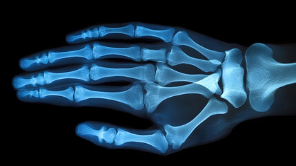 X-Ray Vision: A detailed medical scan of a human hand, illuminating the intricate network of bones within, offering a glimpse into the internal structure.
