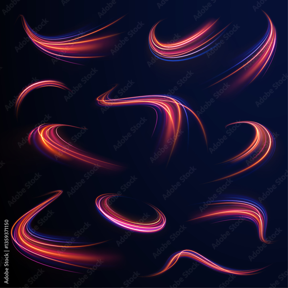 Wall mural light from neon purple lines moves with speed on the expressway, creating an effect of blue in the b