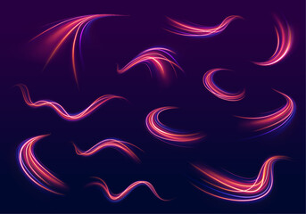 Fototapeta premium Light from neon purple lines moves with speed on the expressway, creating an effect of blue in the background. Abstract futuristic police aesthetics merge with bright design in vector png