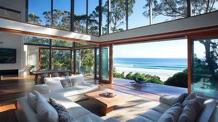 Fototapeta premium Modern coastal villa with bold lines, light-filled rooms, sandy shoreline just beyond, lush surroundings 