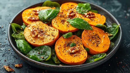 Roasted peach slices with spinach and walnuts