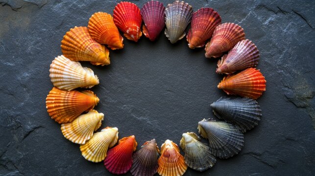 Colorful seashells arranged in a circle on a dark stone surface - Powered by Adobe