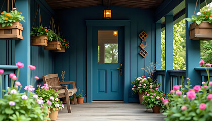 Obraz premium the front porch of a home with a bright blue door and lots of potted plants and flowers