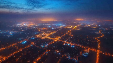 Fototapeta premium Aerial view of a city illuminated at night, showcasing urban lights and structures.