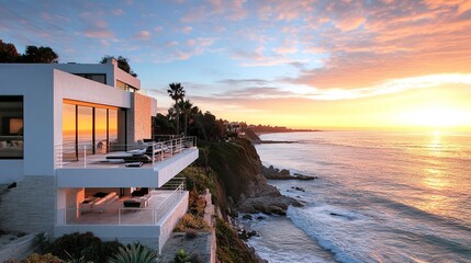 Fototapeta premium Modern seaside home with crisp white walls and sleek terraces, glowing under the warm golden light of sunset, ocean waves gently rolling in the background 