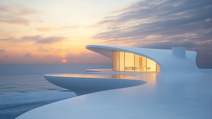 Modern seaside home with crisp white walls and sleek terraces, glowing under the warm golden light of sunset, ocean waves gently rolling in the background 