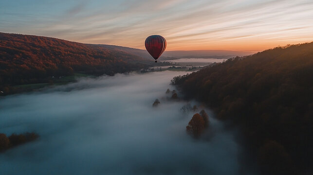 Colorful hot air balloon epic flying above mountain over the fog at sunrise with beautiful sky background - High altitude aerial drone wide view
