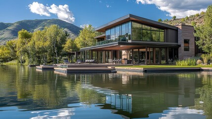 Fototapeta premium Modern waterfront home featuring private boat slips, large glass walls opening to scenic mountain vistas 