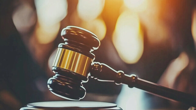 Judge holding gavel and delivering verdict in court setting, photo for thematic fleas, articles about law