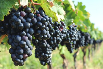 Fototapeta premium Clusters of ripe dark grapes hanging on their vines outdoors