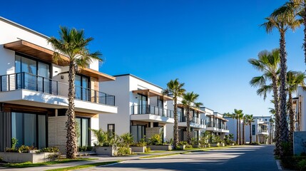 Fototapeta premium Neat rows of vacation rentals with modern finishes, open terraces facing the beach, clear blue skies enhancing sunny aesthetics, wide-angle capturing relaxed symmetry. 