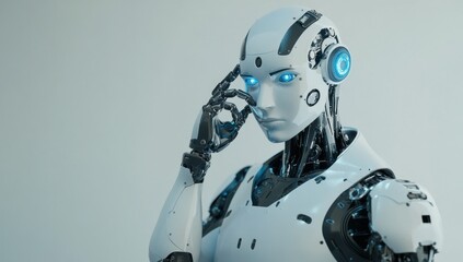 Photo of an AI robot with blue eyes and a silver body