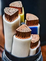 Detailed view of various electrical cables with copper conductors in an industrial setting