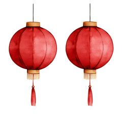 Obraz premium Pair of Traditional Red Chinese Lanterns Watercolor Style Festive Asian Decor Hanging Lights