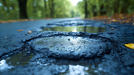 Fototapeta premium Potholes Reflection: Close-up captures the texture and challenges of a rural road, showcasing the detrimental effects of wear and tear with reflections of the surrounding environment in puddles.