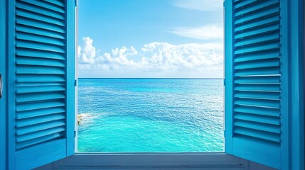 Fototapeta premium Open shutters painted in vibrant blue, framing an expansive ocean view, sunny day with sparkling water under a clear sky, wide-angle capturing timeless serenity. 